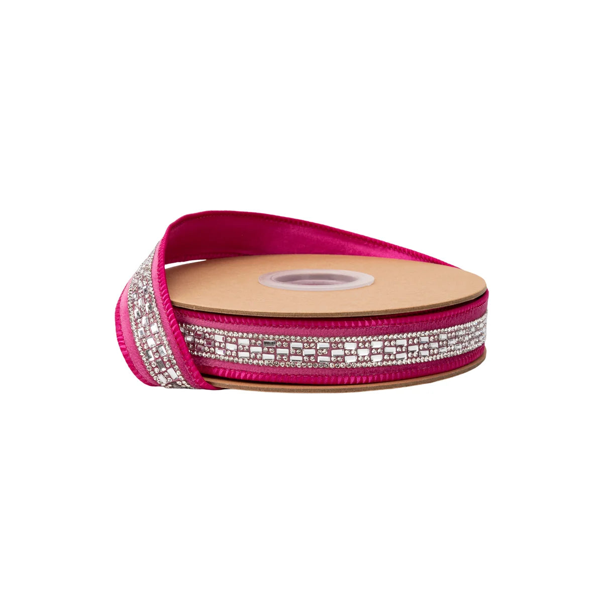 1” Reversible Classic Velvet Wired Ribbon, Pink with Diamond Accent with Pink Shimmer Backing
