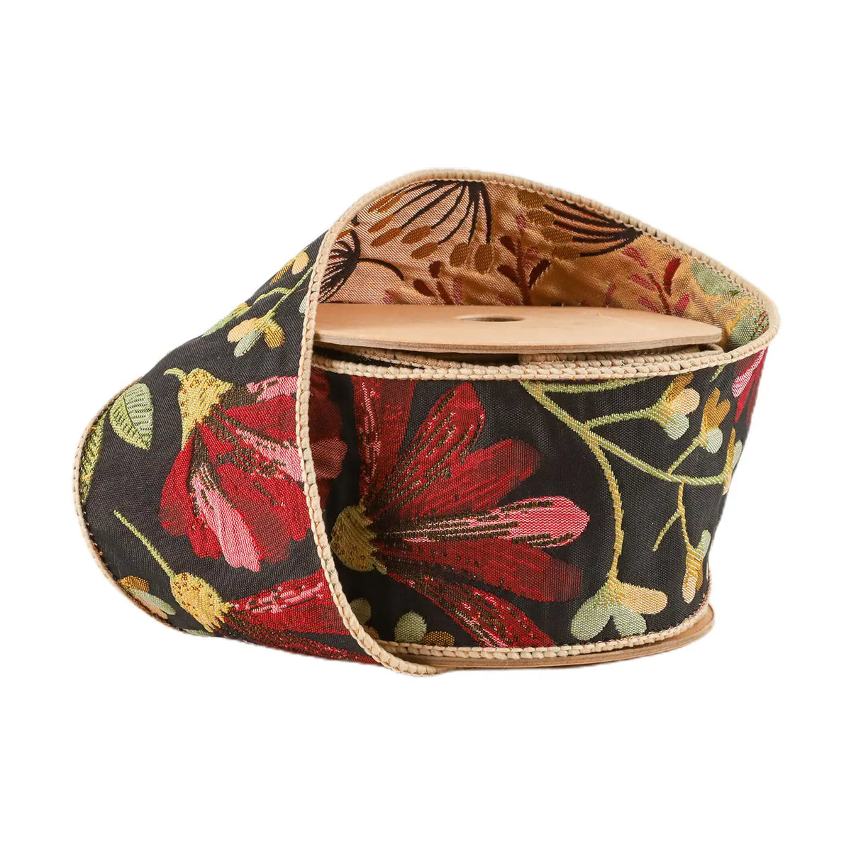2 1/2" Reversible Floral Tapestry Wired Ribbon | Forest Pale Gold/Black | 5 Yard Roll