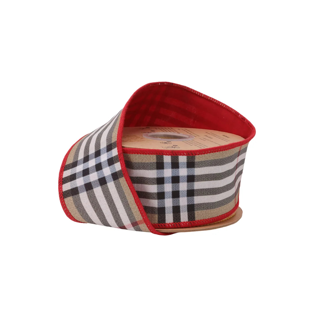 2 1/2" Wired Dupioni Ribbon, Beige Fashion Plaid with Red Fused Backing