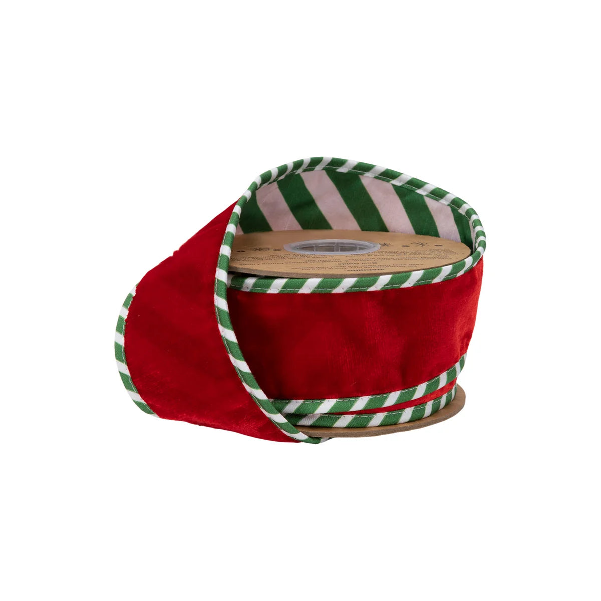 2 1/2" Wired Premium Velvet Ribbon, Red with Green/White Striped Backing and Piping