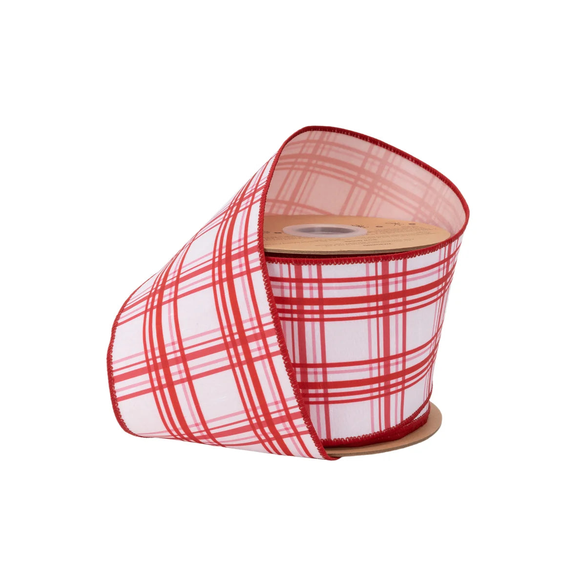 4" Wired Dupioni Ribbon, Pink and Red Retro Plaid on White with Pink Backing