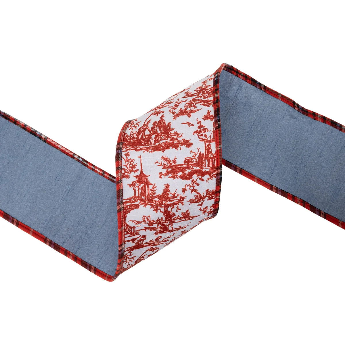 4" Wired Dupioni Ribbon, Red Chinoiserie w/Plaid Piping and Blue Dupioni Backing