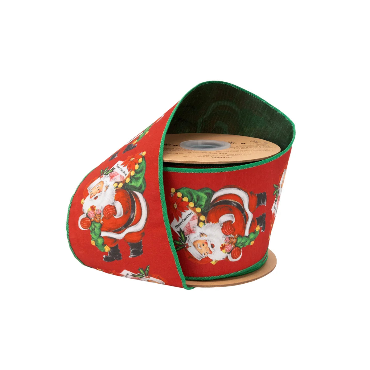 4" Wired Dupioni Ribbon, Retro Santa with Sack, with Green Backing