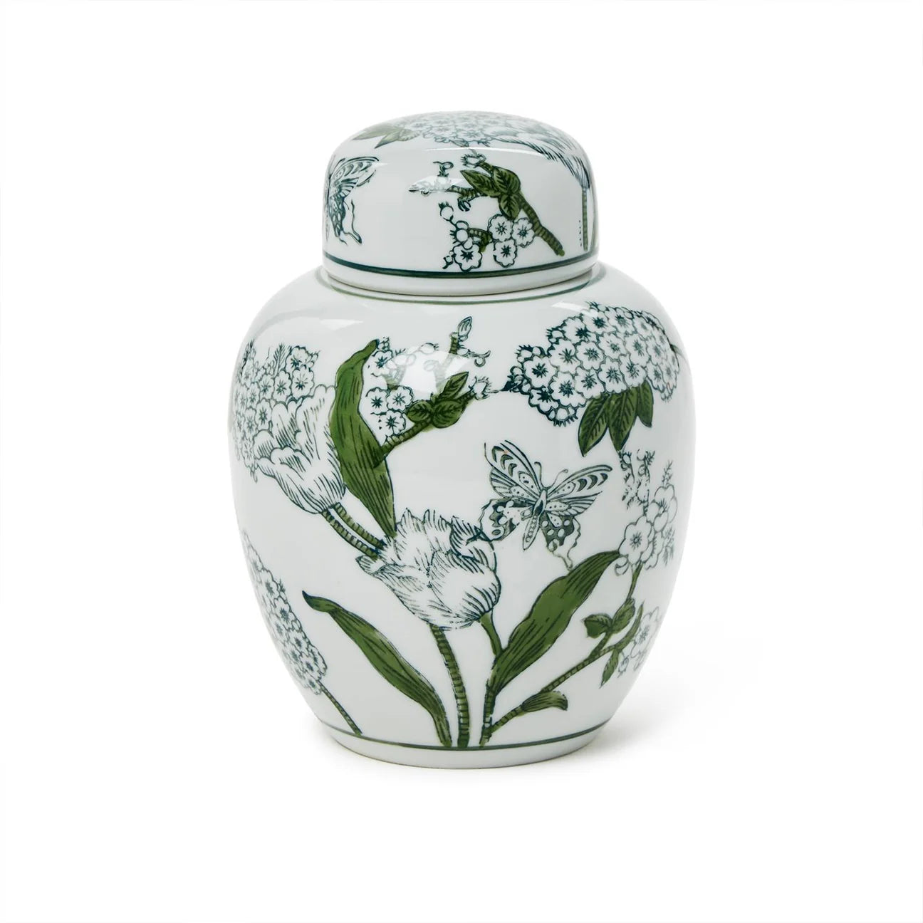 7 1/2" Primrose and Lotus Green and White Chinoiserie Jar