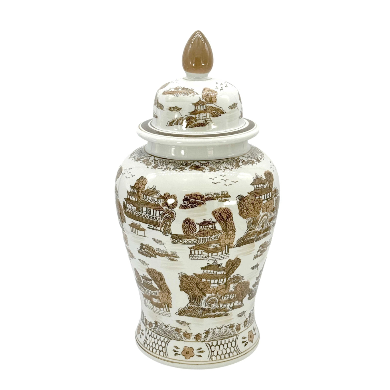 Brown & White Chinoiserie Temple Jar