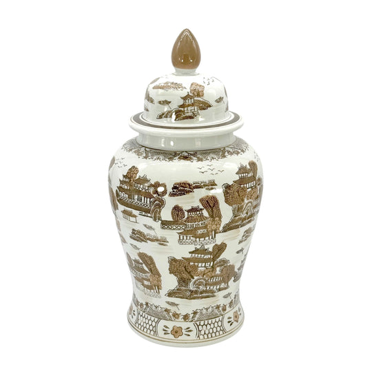 Brown & White Chinoiserie Temple Jar