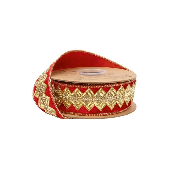 1 1/2" Jeweled Ribbon, Red and Gold