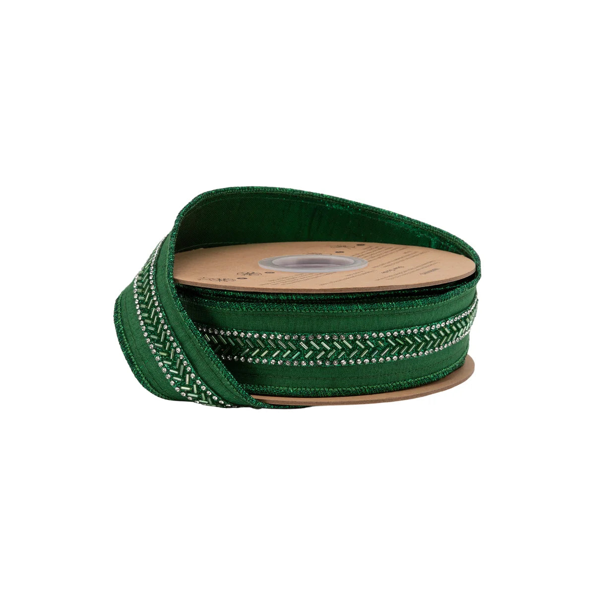1 1/2" Wired Dupioni Ribbon, Green with Beaded Trim Metallic Backing