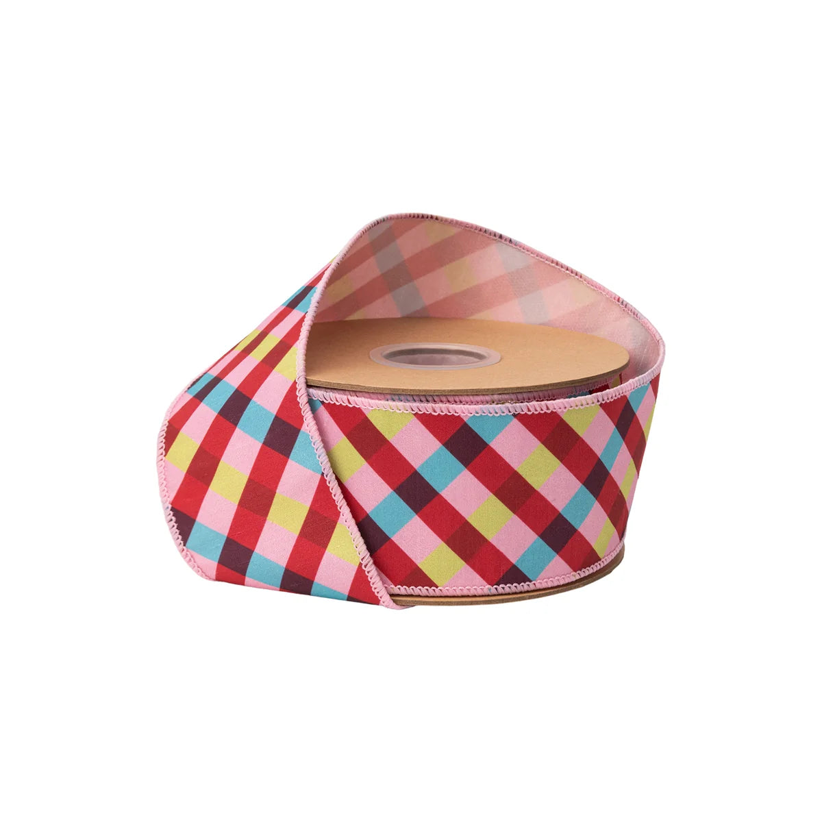 2 1/2" Wired Dupioni Ribbon, Pink/Red/Blue Bias Plaid with Pink Backing