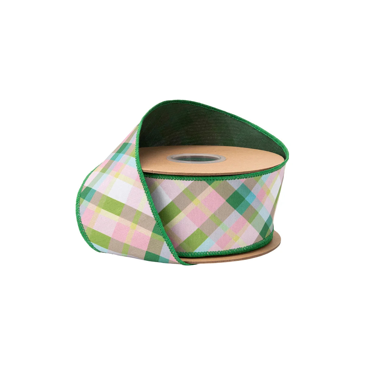 2 1/2" Wired Dupioni Ribbon, Pink and Green BIas Plaid with Green Backing