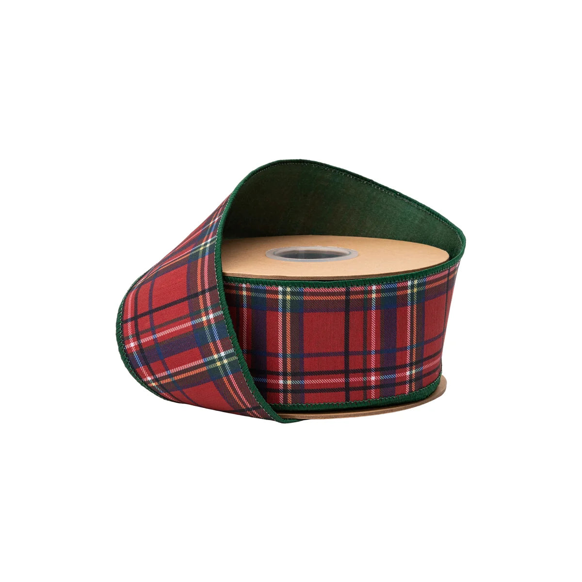 2 1/2" Wired Dupioni Ribbon, Red Traditional Plaid with Green Backing