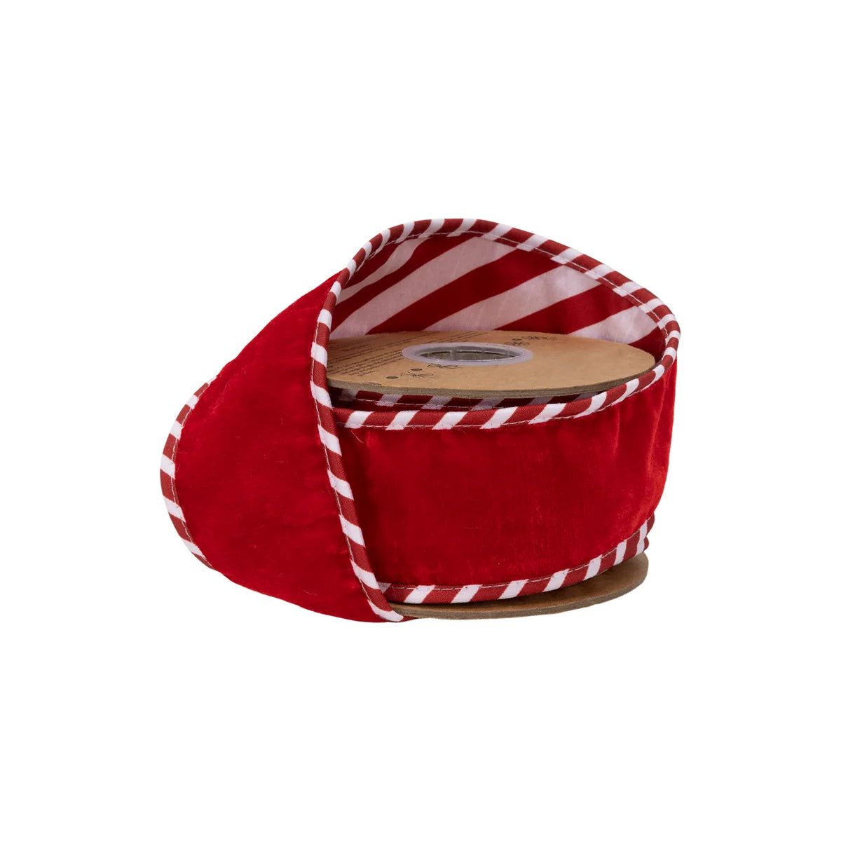 2 1/2" Wired Premium Velvet Ribbon, Red with Red/White Striped Backing and Piping