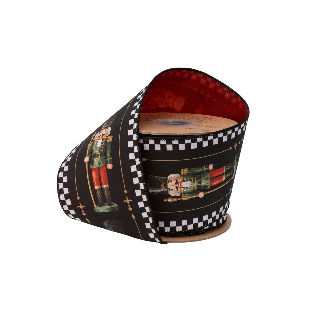 4" Wired Dupioni Ribbon, Black/White Check Nutcracker on Black with Red Backing