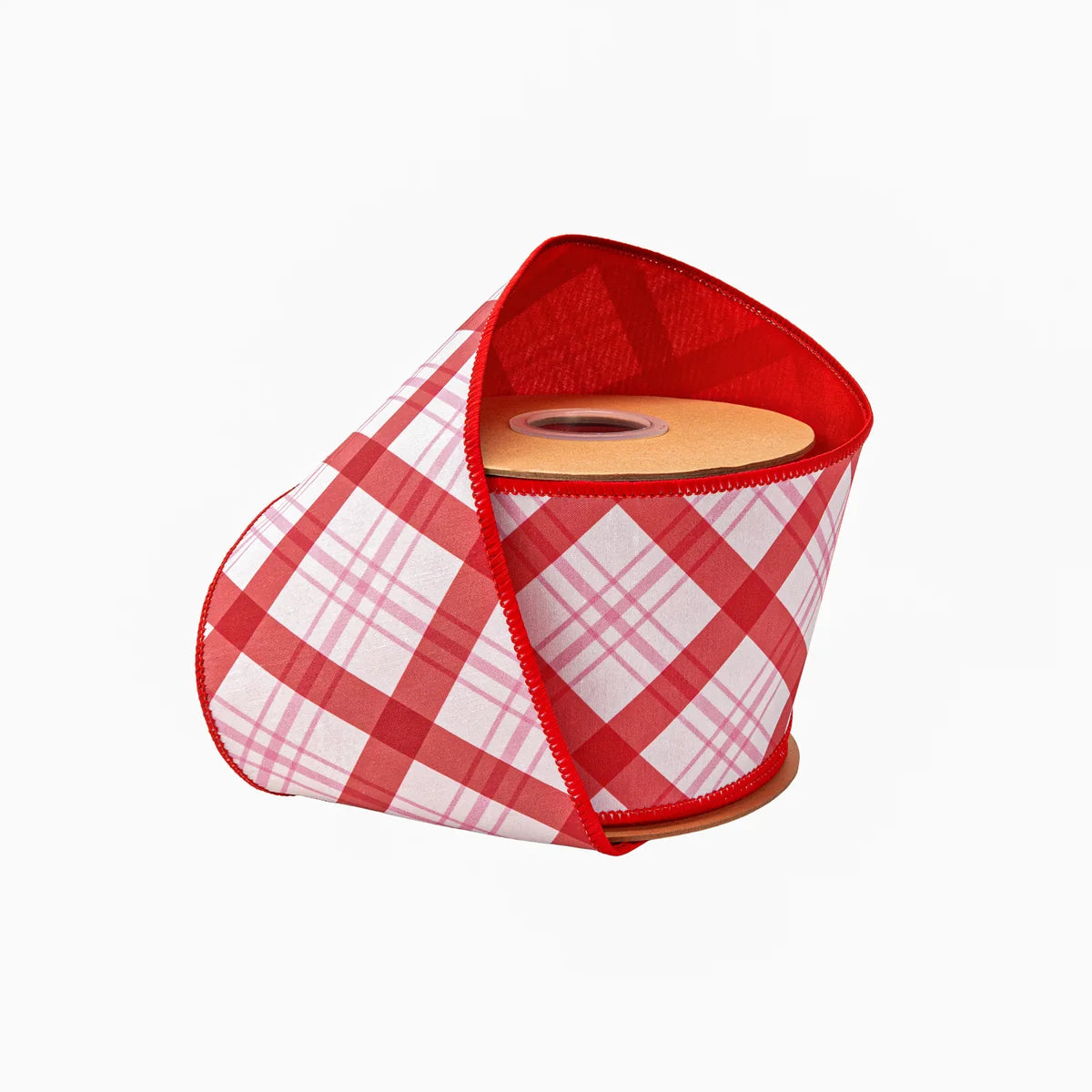 4" Wired Dupioni Ribbon, Pink and Red Lattice Plaid with Red Backing