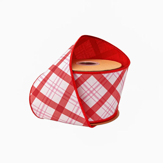 4" Wired Dupioni Ribbon, Pink and Red Lattice Plaid with Red Backing
