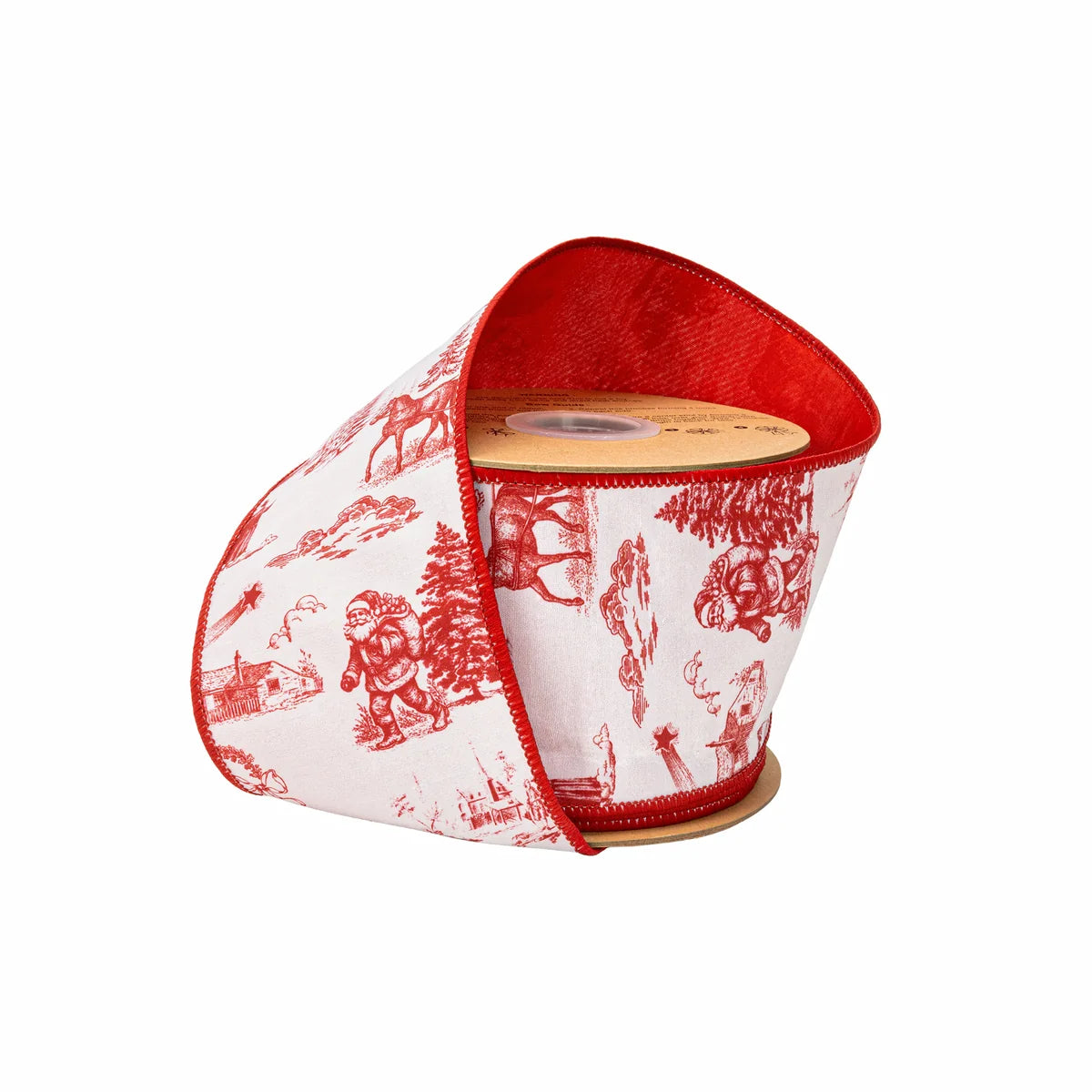 4" Wired Dupioni Ribbon, Red Christmas Toile on White with Red Backing