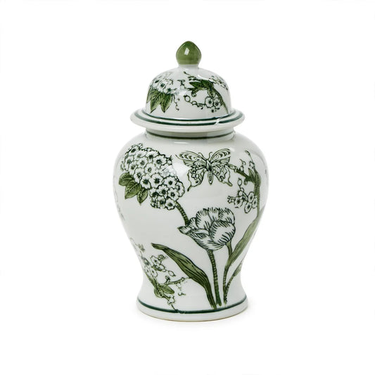 8" Primrose Lotus Green and White Chinoiserie Jar