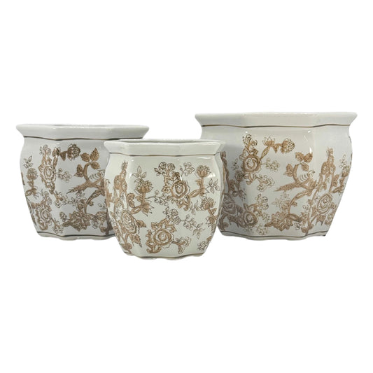 Brown & White Ceramic Chinoiserie Planter