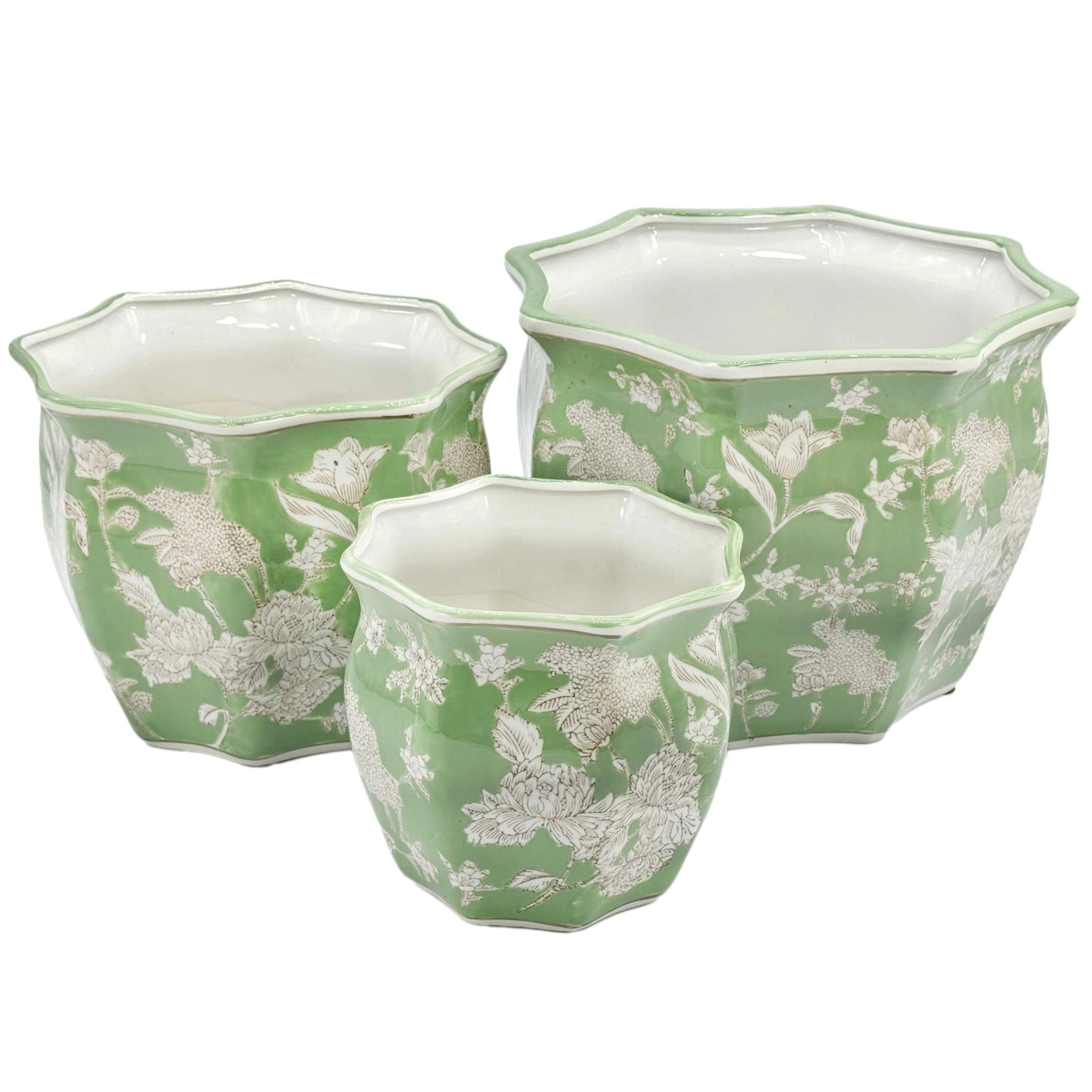 Green & White Chinoiserie Ceramic Planter