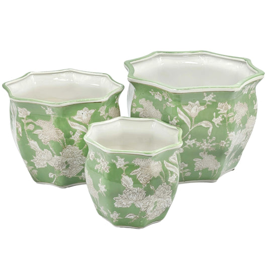 Green & White Chinoiserie Ceramic Planter