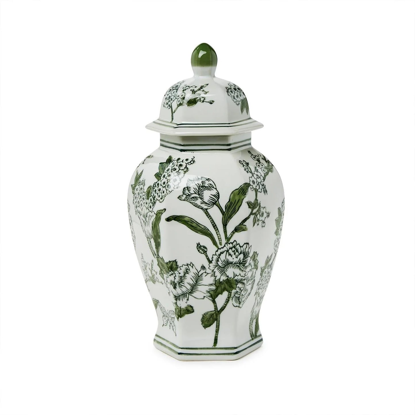 Primrose and Lotus Green and White Chinoiserie Hexagonal Temple Jar