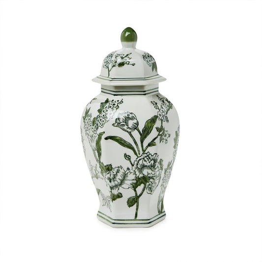 Primrose and Lotus Green and White Chinoiserie Hexagonal Temple Jar