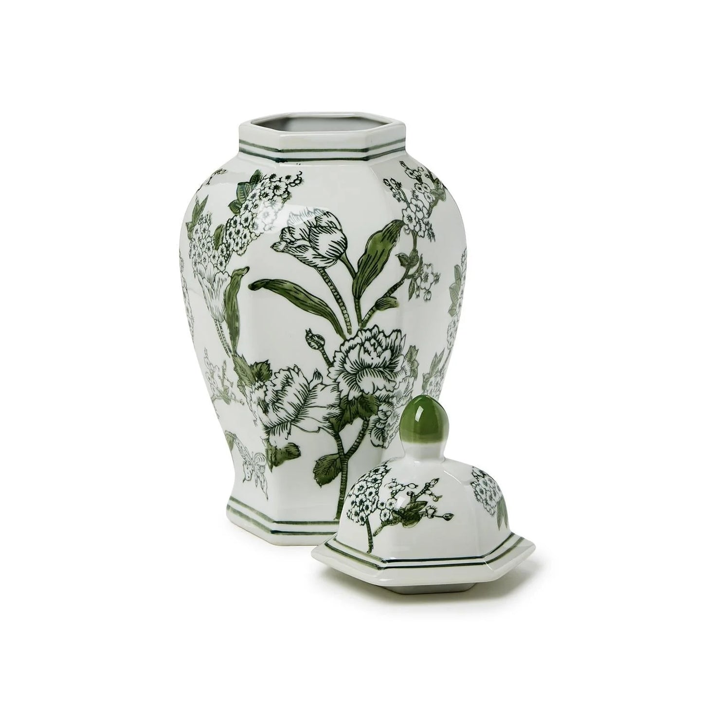 Primrose and Lotus Green and White Chinoiserie Hexagonal Temple Jar