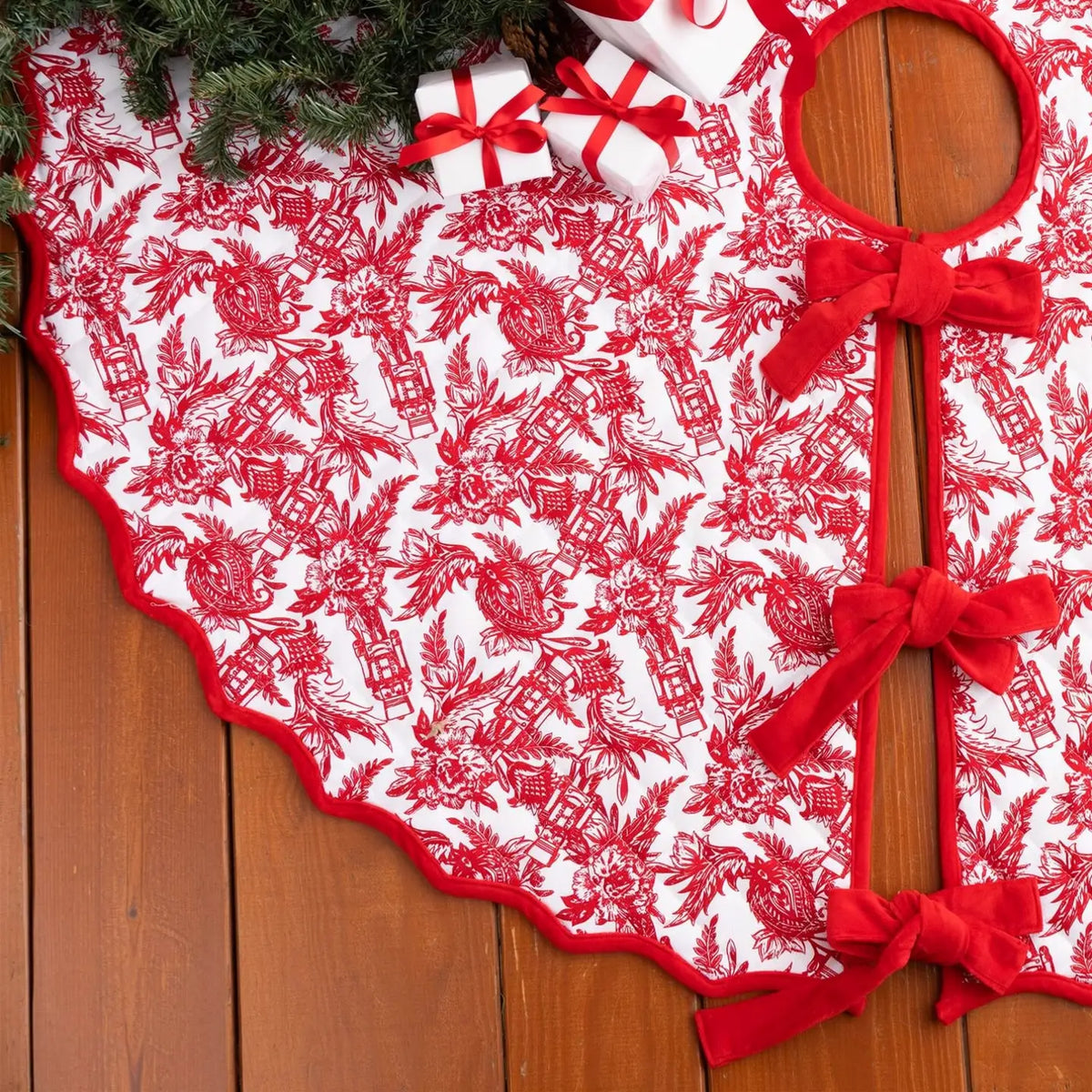 Nutcracker Toile Quilted Velvet-Trim Tree Skirt