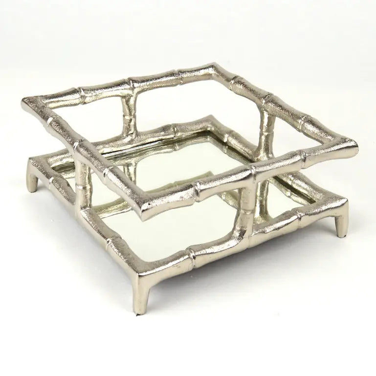 Silver Bamboo Cocktail Napkin Tray with Mirror Base