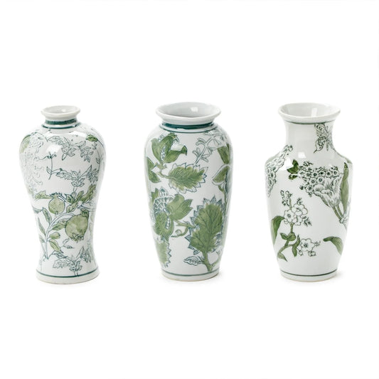 Primrose and Lotus Hand-Painted Green and White Chinoiserie Bud Vases